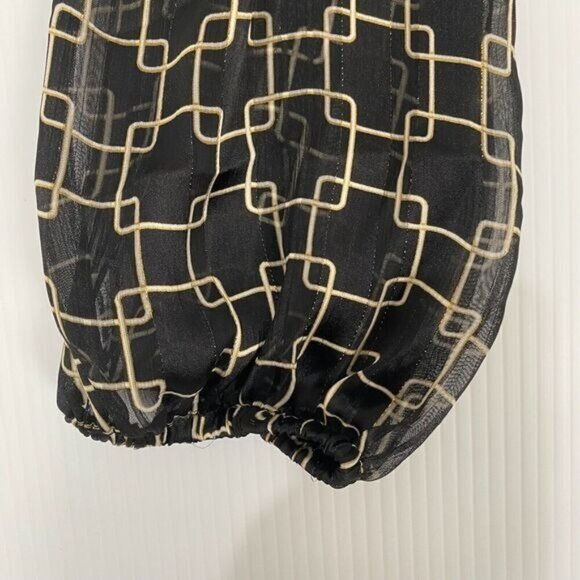 HAVER LONDON Black/Gold Geo Chains VNeck Elastic Cuffs Ruched Waist Blouse Large - Picture 7 of 15